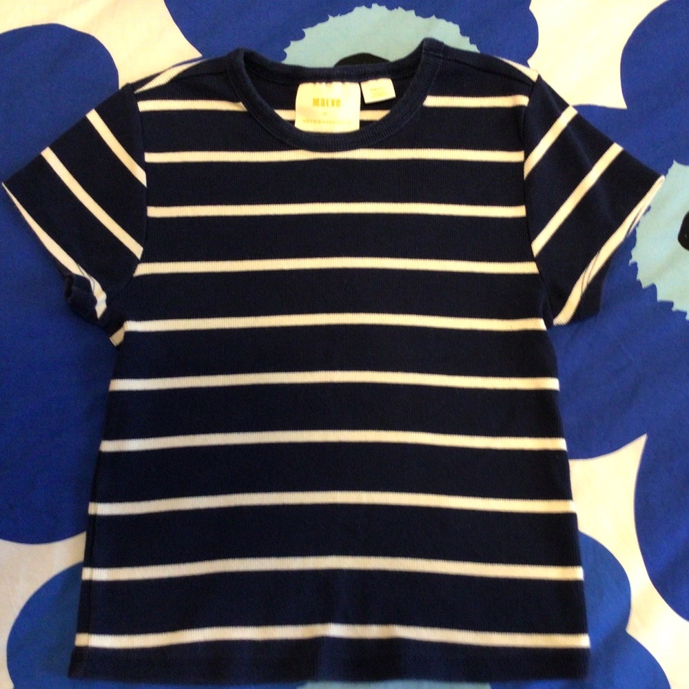 Anthropologie Maeve The Blair Baby Tee Cropped Edition Navy Blue White Sz S